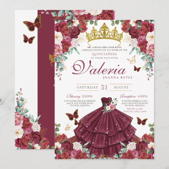 Invitation Papillon princesse Bourgogne Roses rouges Quinceañ (Devant / Derrière)