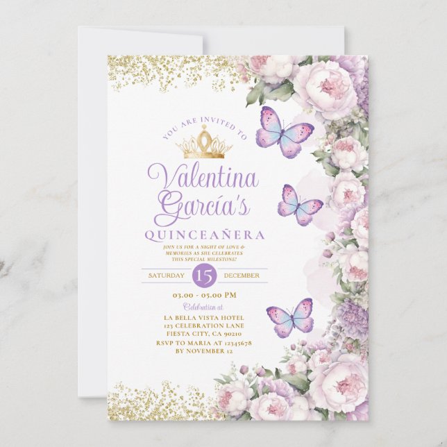 Invitation Papillon Quinceañera 15 Anos Purple Couronne Flora (Devant)