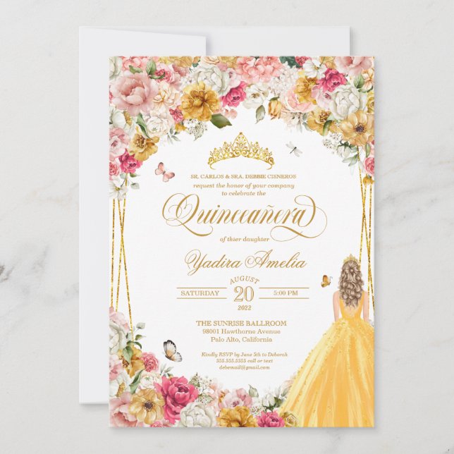 Invitation  Papillon Quinceanera Blush Rose Jaune Floral Dans (Devant)