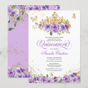 Invitation Papillon Quinceañera & Fleurs d'aquarelle violette