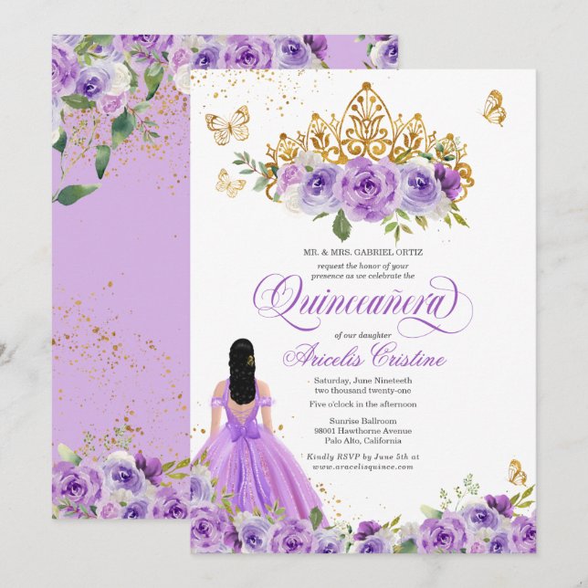 Invitation Papillon Quinceañera & Fleurs d'aquarelle violette (Devant / Derrière)