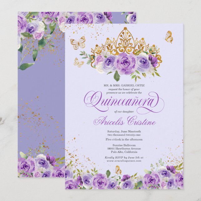 Invitation Papillon Quinceañera & Fleurs d'aquarelle violette (Devant / Derrière)