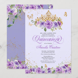 Invitation Papillon Quinceañera & Fleurs d'aquarelle violette