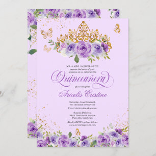 Invitation Papillon Quinceañera & Fleurs d'aquarelle violette