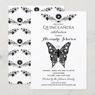 Invitation Papillon Quinceanera Noir & Blanc 15e Anniversaire