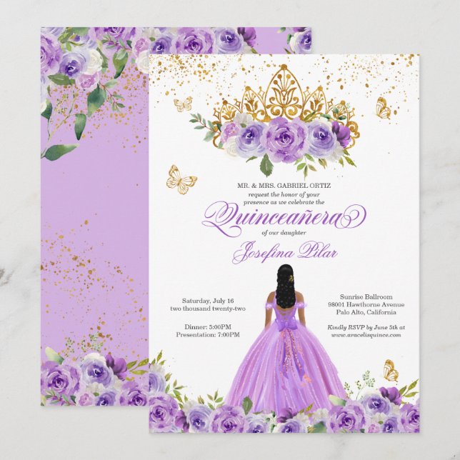 Invitation Papillon Quinceañera Purple Aquarelle Fleurs Dans (Devant / Derrière)