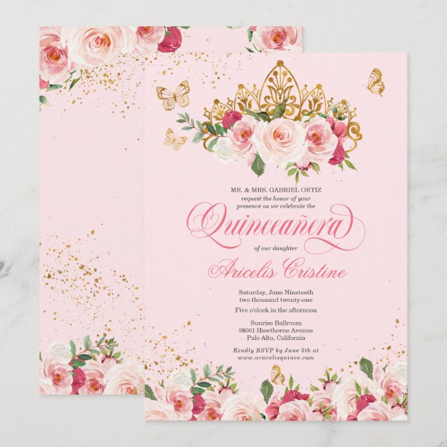 Invitation Papillon Quinceañera & Rose d'aquarelle rose pâle (Devant / Derrière)