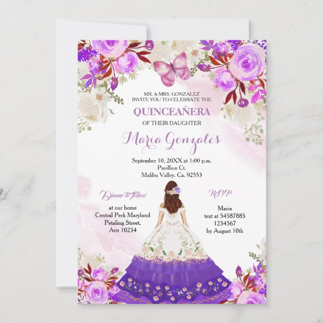 Invitation Papillon quinceanera violet de la princesse mexica (Devant)