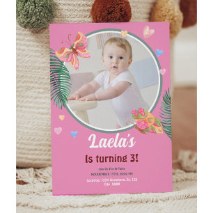 Invitation papillon rose 1er anniversaire avec pho