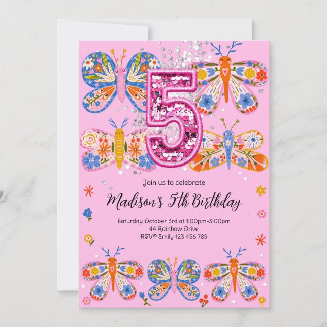 Invitation Papillon rose 5e anniversaire (Devant)