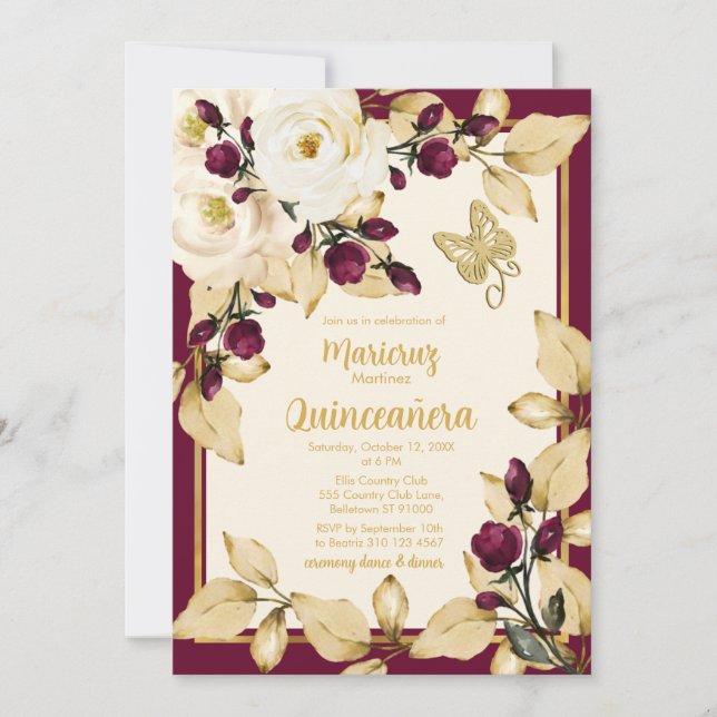 Invitation Papillon Rose Champagne et Bourgogne Gold Feuille (Devant)