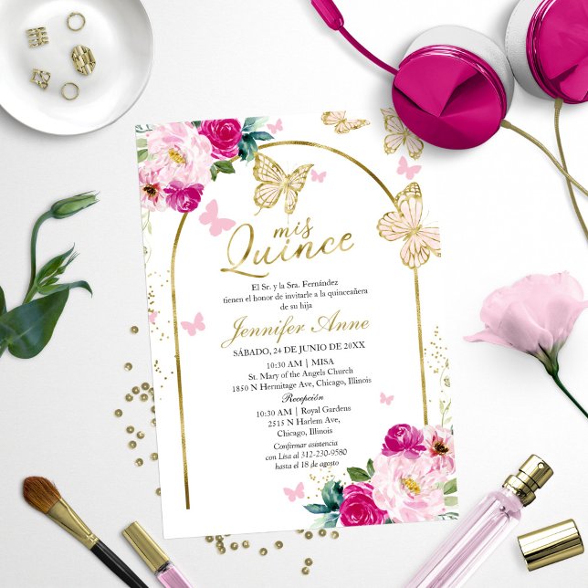 Invitation Papillon rose chaud Floral espagnol Quinceanera (Créateur téléchargé)