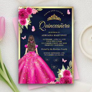 Invitation Papillon rose chaud Floral Marine Gold Quinceanera