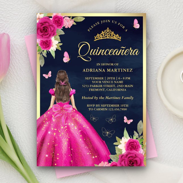 Invitation Papillon rose chaud Floral Marine Gold Quinceanera (Créateur téléchargé)