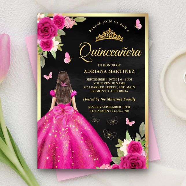 Invitation Papillon rose chaud Floral Noir Quinceanera Or (Créateur téléchargé)