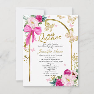 Invitation Papillon Rose Chaud Nœud Floral Espagnol Quinceane