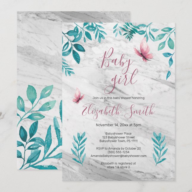 Invitation Papillon rose d'aquarelle fleurie de marbre (Devant / Derrière)