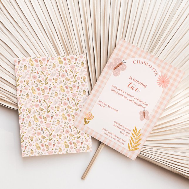 Invitation Papillon rose En vichy aux fleurs Anniversaire (Créateur téléchargé)