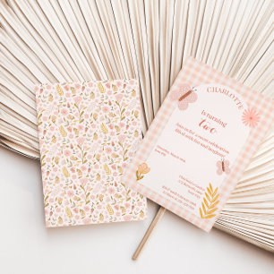 Invitation Papillon rose En vichy aux fleurs Anniversaire