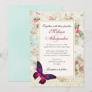 Invitation Papillon rose et mariage collage de rose ancienne
