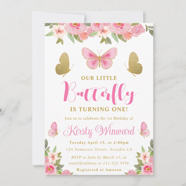 Invitation Papillon rose et or Floral Girl 1er anniversaire (Devant)