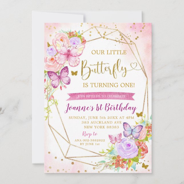 Invitation Papillon rose et violet 1er appel d'anniversaire (Devant)