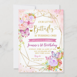 Invitation Papillon rose et violet 1er appel d'anniversaire
