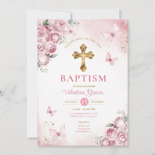 Invitation Papillon rose Fille Baptême Croix d'or fleurs (Devant)