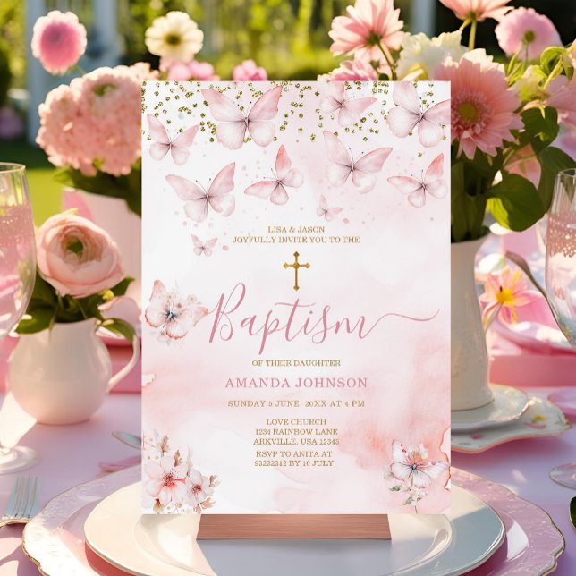 Invitation Papillon rose Fille Florale Christening Baptême (Créateur téléchargé)