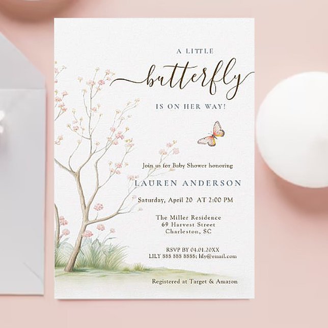Invitation Papillon rose fleurs de printemps fille Baby showe (Créateur téléchargé)