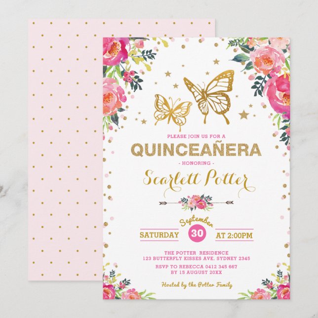 Invitation Papillon rose Floral Quinceañera Anniversaire (Devant / Derrière)