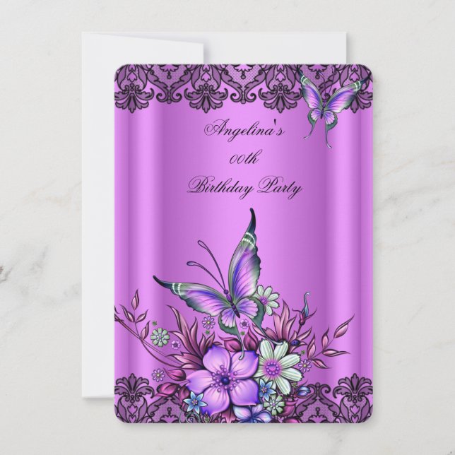 Invitation Papillon rose Lilac Floral Black dentelle Annivers (Devant)