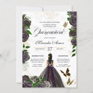 Invitation Papillon Rose noir et or Mariposa Quinceanera