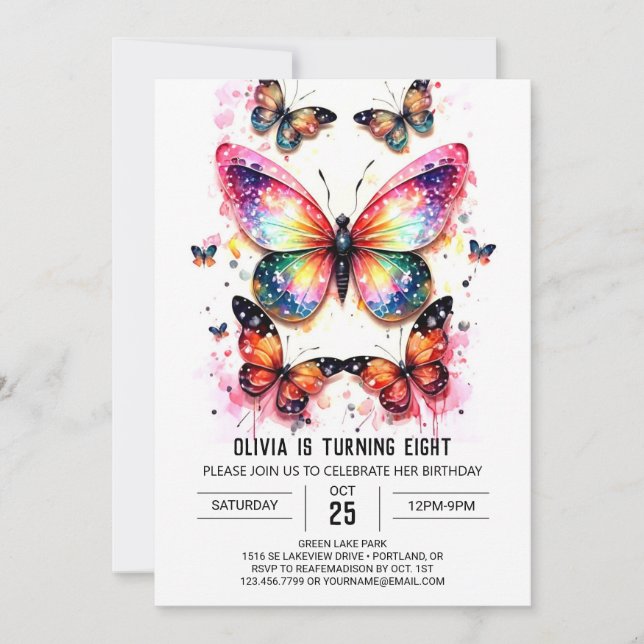 Invitation Papillon rose numérique fille Anniversaire (Devant)