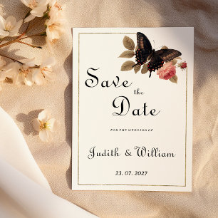 Invitation Papillon rose or brun vintage Enregistrer la date