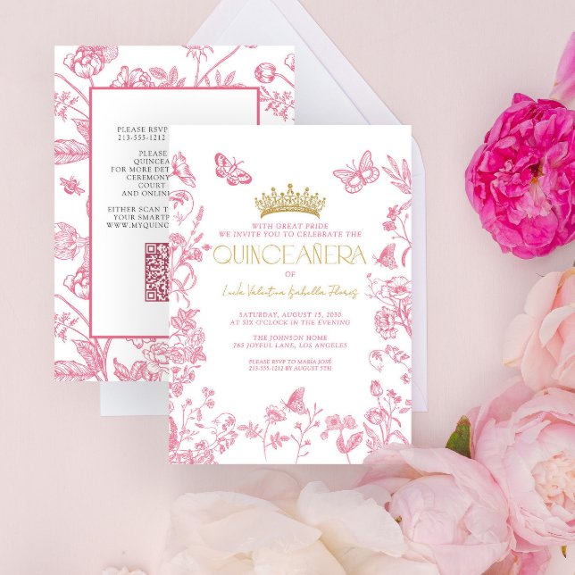 Invitation Papillon rose or Quinceañera QR Mis Quince Años (Créateur téléchargé)