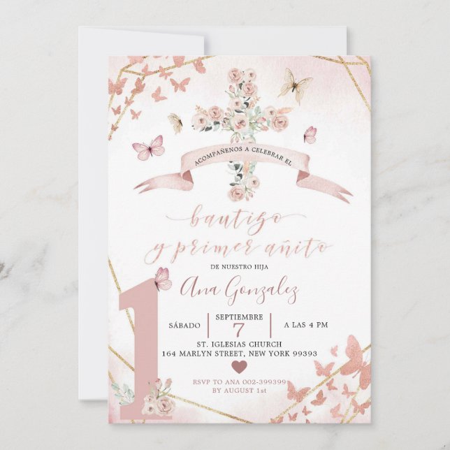 Invitation Papillon rose pâle espagnol Bautizo 1er anniversai (Devant)