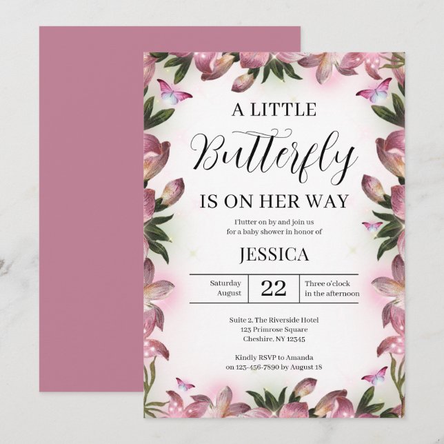 Invitation Papillon rose pourpre Baby shower bébé fille (Devant / Derrière)