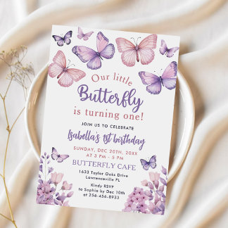 Invitation Papillon rose pourpre Fille Premier anniversaire f