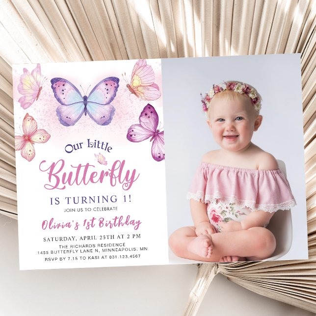 Invitation Papillon rose Purple Girls Photo Anniversaire (Créateur téléchargé)
