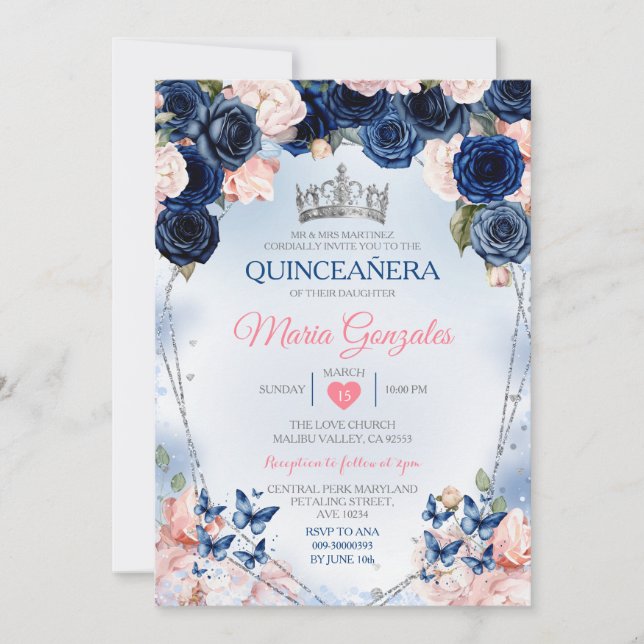 Invitation Papillon rose Quinceañera Crown Navy 15 Anos (Devant)