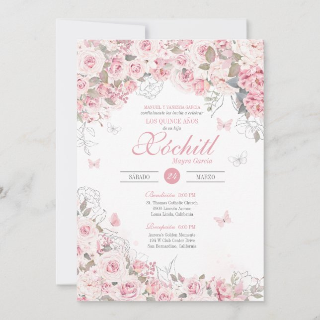 Invitation Papillon Rose rose pâle Flora Quinceanera (Devant)