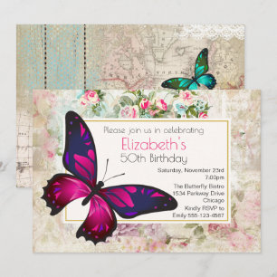 Invitation Papillon Rose sur un Anniversaire de Collage Vinta