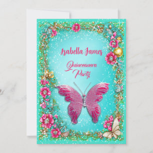 Invitation papillon rose turquoise de Quinceañera