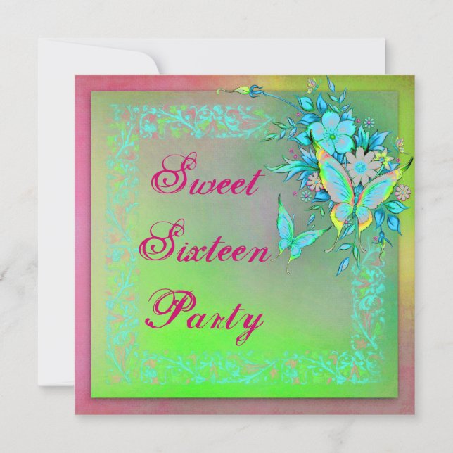 Invitation Papillon rose vert Neon Grunge Sweet 16 Anniversai (Devant)