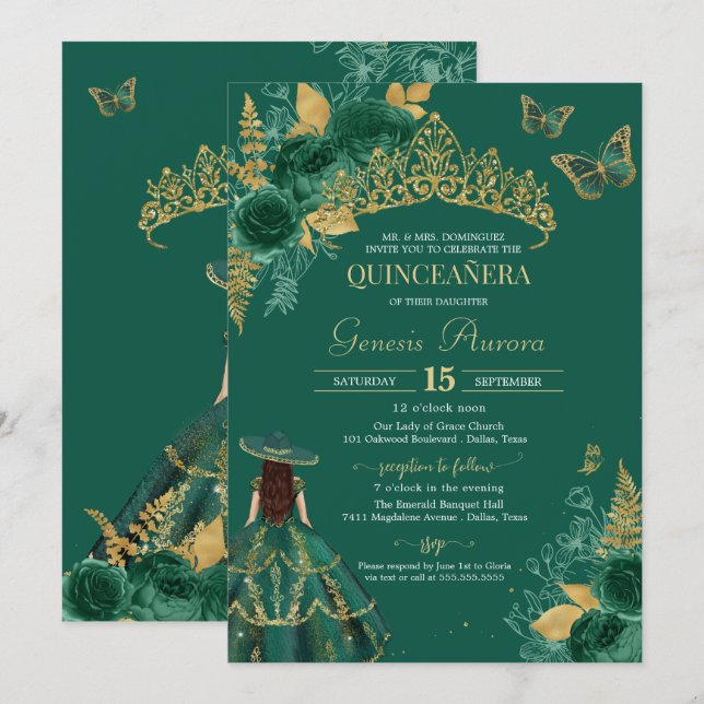 Invitation Papillon Rose Vert Or Emerald Quinceañera (Devant / Derrière)