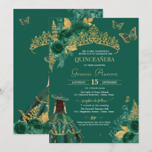 Invitation Papillon Rose Vert Or Emerald Quinceañera