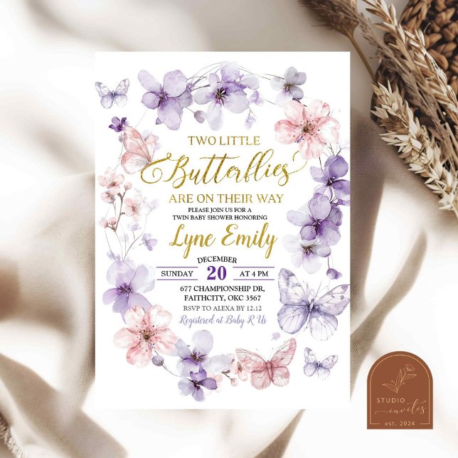 Invitation Papillon rose violet Baby shower Floral Twins (Créateur téléchargé)