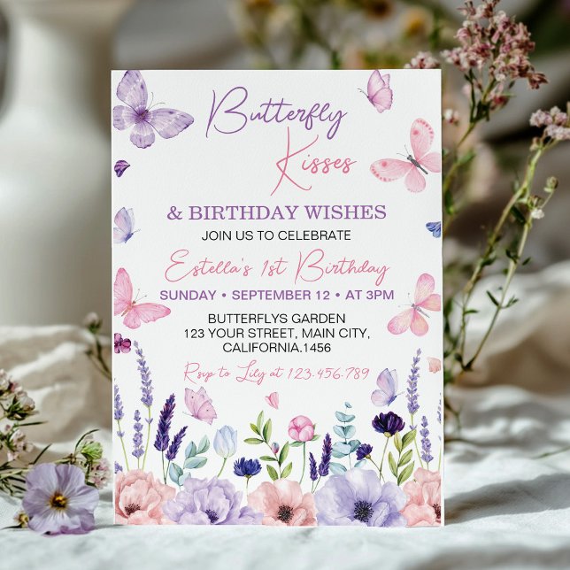 Invitation Papillon rose violet Jardin Floral Fille Anniversa (Créateur téléchargé)