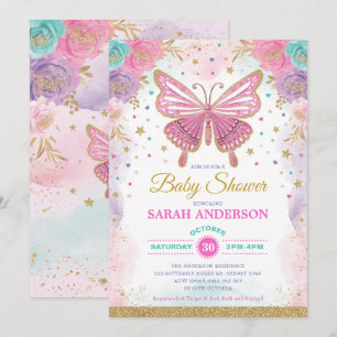 Invitation Papillon rose violet Turquoise Baby shower arc-en-